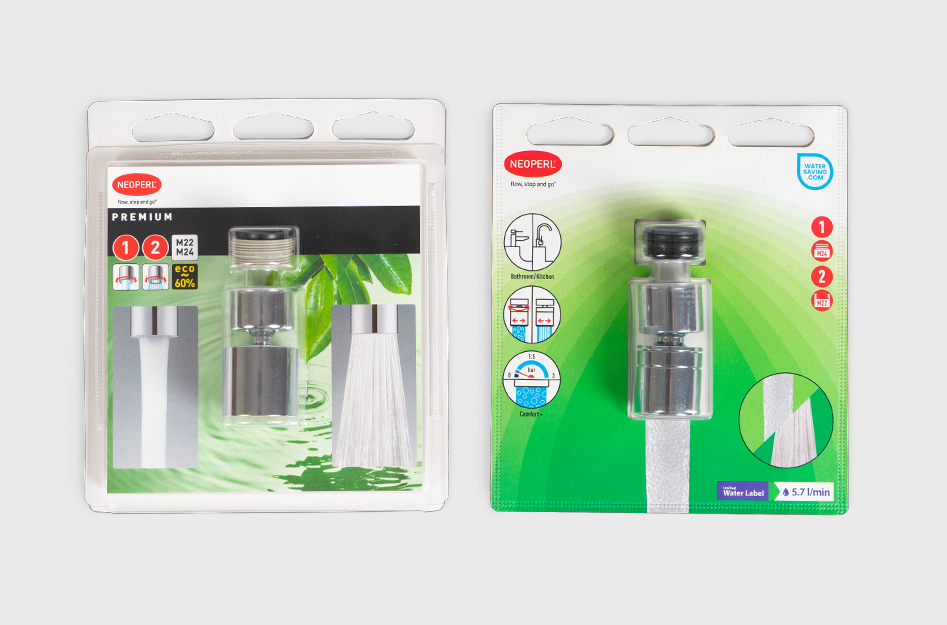 Zwei Blister mit Produkten von Neoperl, rechts sind die neuen Blister zum Vergleich