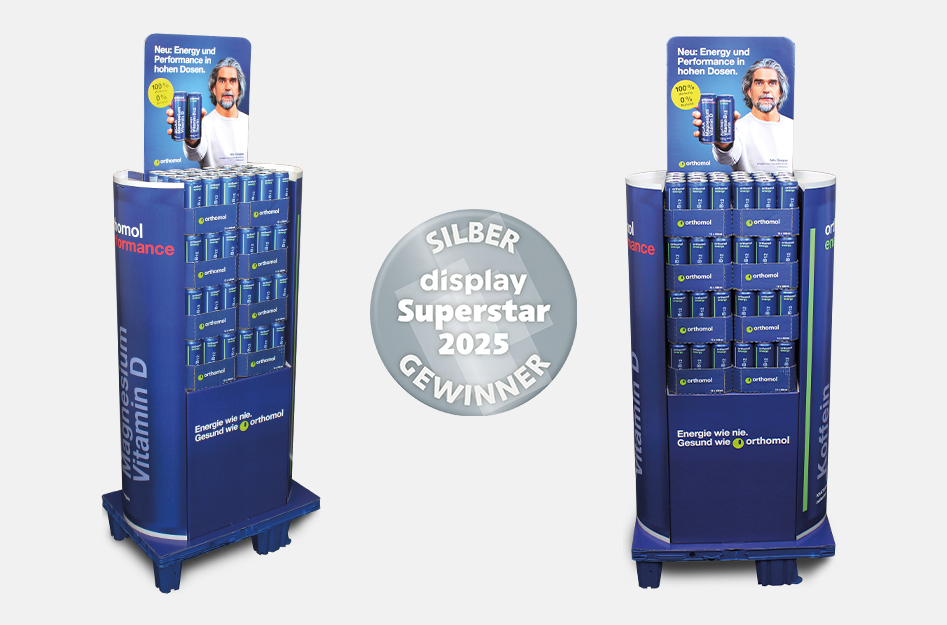 Ein Verkaufsdisplay in Form eines Energy Drinks der Marke Orthomol