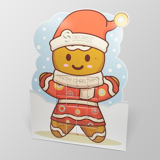 Emballage personnalisé pour calendrier de l'Avent, imprimé d'un bonhomme en pain d'épices vêtu d'un costume de Noël.