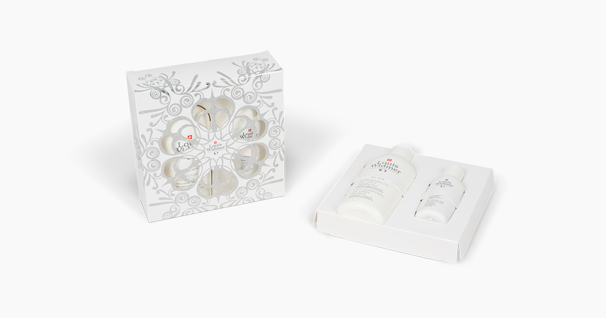 Limited-edition cosmetics gift set for the Louis Widmer brand, featuring cold foil stamping and laser die-cutting.