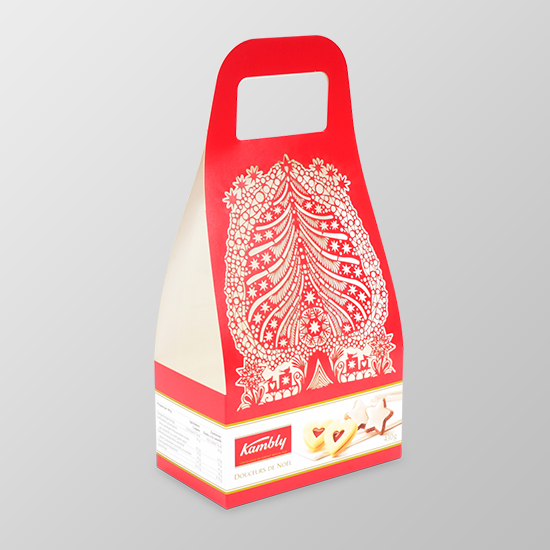 Emballage de biscuits de Noël avec découpe au laser pour la marque Kambly.