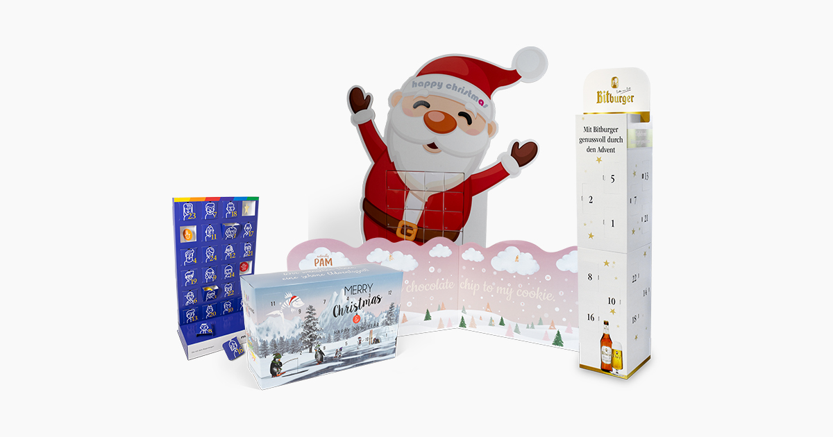 Différents emballages personnalisés pour calendriers de l'Avent.