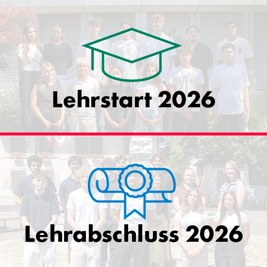 Lernende der SCHELLING AG beim Lehrstart und Lehrabschluss 2026. Gruppenbilder der neuen Lernenden sowie der erfolgreichen Lehrabsolventinnen und Lehrabsolventen.